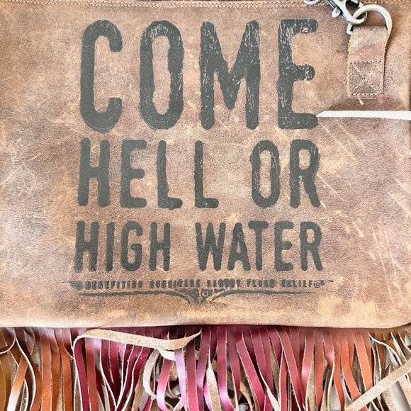 Junk Gypsy Lane Boots Brown Leather Clutch Purse Wristlet Fringe 10 x 7.5 Texas - Picture 6 of 7